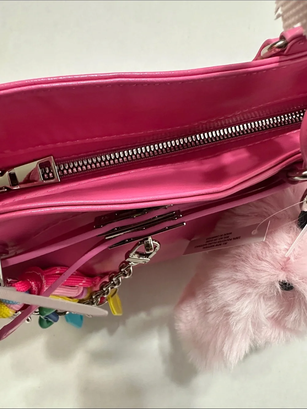 Hot Pink Patent Satchel with Fluffy Bunny Charm